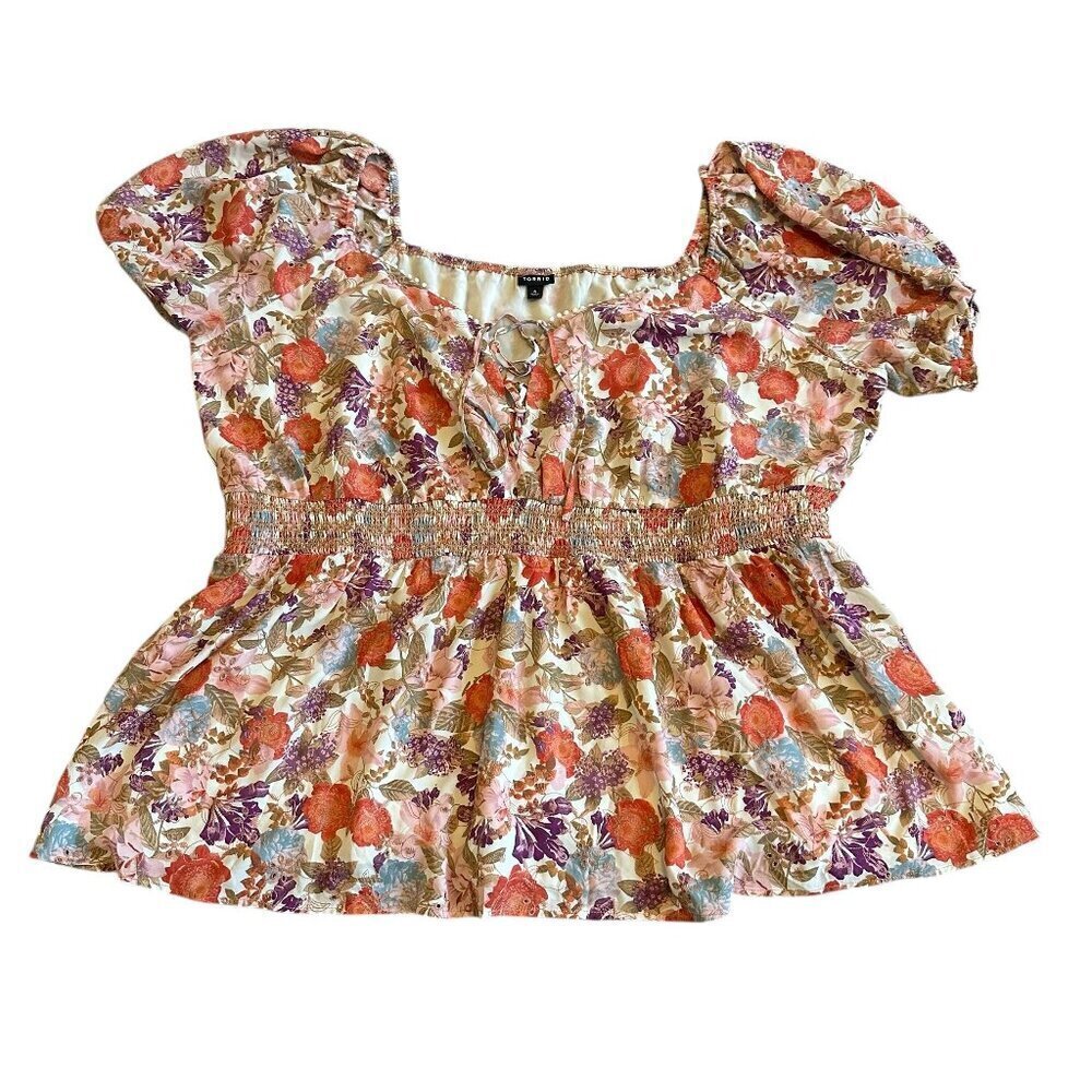 Torrid Colorful Floral Print Blouse Top Shirt Smocked Waist Short Sleeve Size 4x